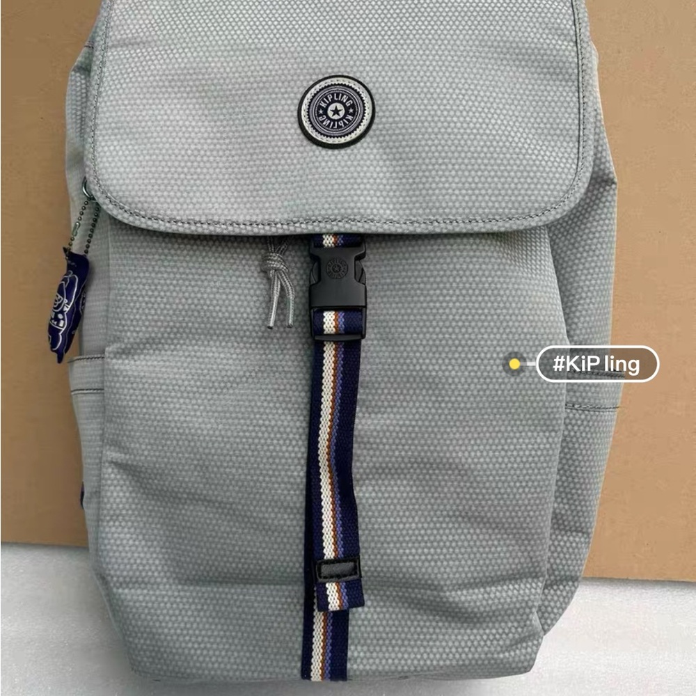 Kipling Light Gray Backpack with Navy Accents